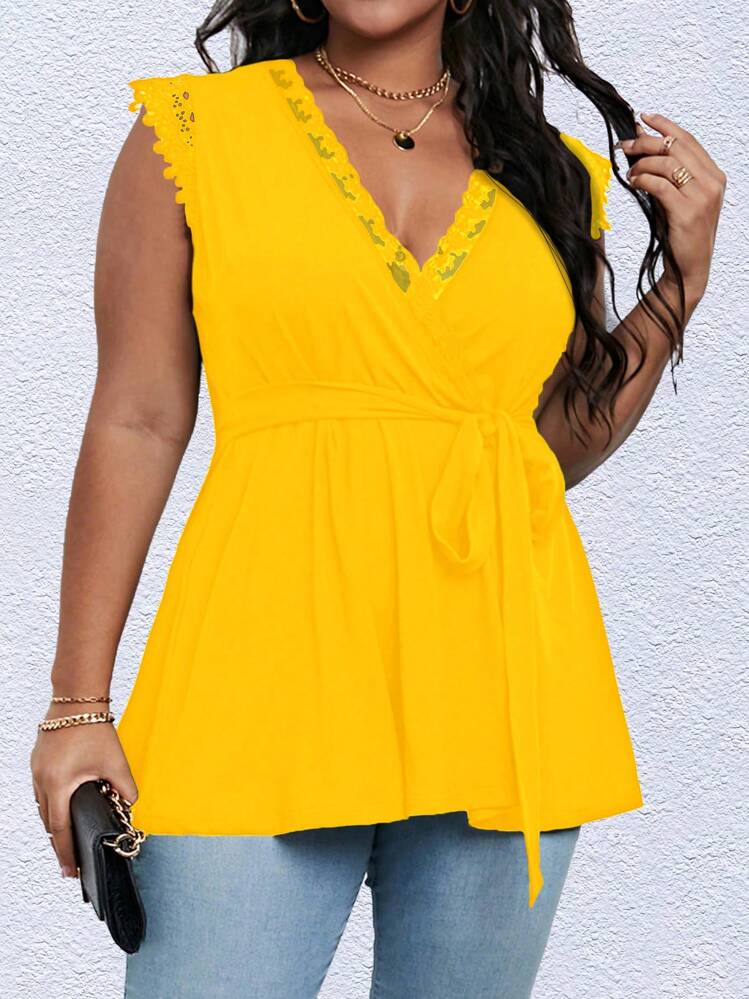 SHEIN Franclia Plus Guipure Lace Trim Belted Peplum Tee - Yellow - View 3