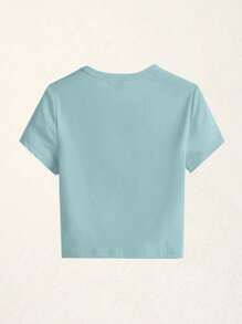 SHEIN BASICS Áo thun nữ màu trơn Giải trí - Màu xanh Bạc hà - Xem 2