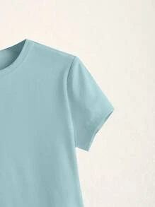 SHEIN BASICS Áo thun nữ màu trơn Giải trí - Màu xanh Bạc hà - Xem 5
