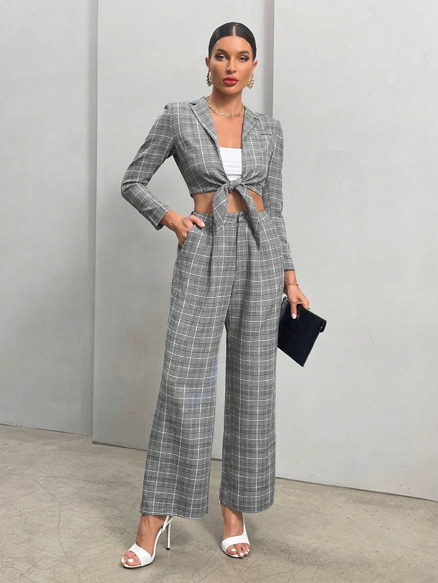 SHEIN Privé Plaid Print Knot Front Crop Blazer & Pants