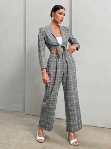 SHEIN Privé Plaid Print Knot Front Crop Blazer & Pants