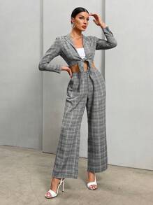 SHEIN Privé Plaid Print Knot Front Crop Blazer & Pants