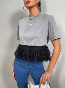 SHEIN Essnce Fuzzy Hem Drop Shoulder Tee - Grey - View 1