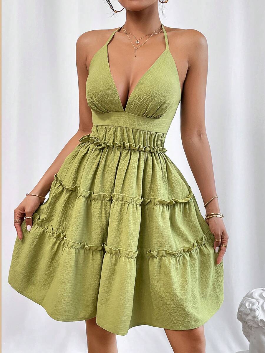 SHEIN Privé Tie Backless Frill Trim Ruffle Hem Halter Dress - Green - View 1
