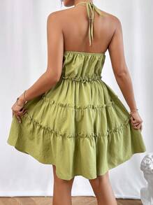 SHEIN Privé Tie Backless Frill Trim Ruffle Hem Halter Dress - Green - View 2