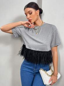 SHEIN Essnce Fuzzy Hem Drop Shoulder Tee - Grey - View 3