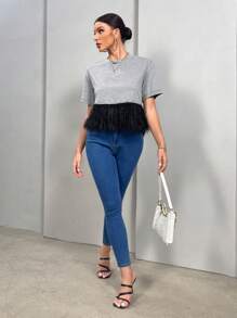 SHEIN Essnce Fuzzy Hem Drop Shoulder Tee - Grey - View 4