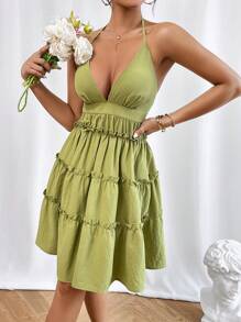 SHEIN Privé Tie Backless Frill Trim Ruffle Hem Halter Dress - Green - View 6