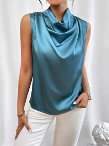 SHEIN Privé Solid Draped Collar Blouse