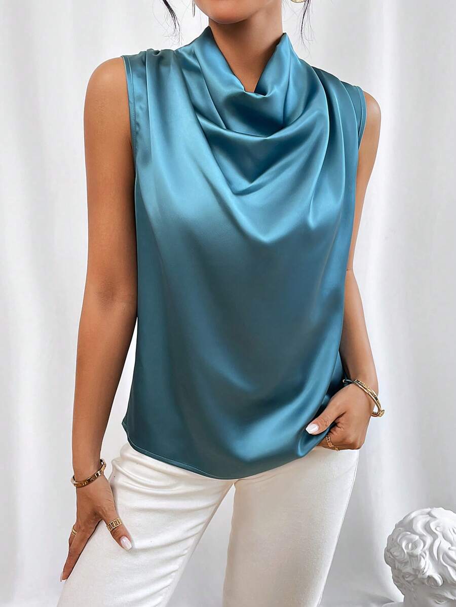 SHEIN Privé Solid Draped Collar Blouse