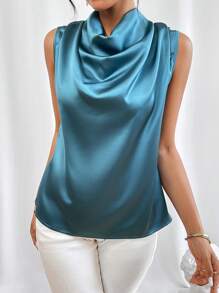SHEIN Privé Solid Draped Collar Blouse
