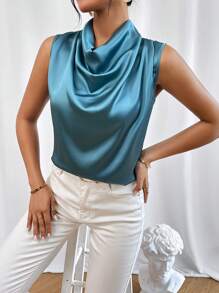 SHEIN Privé Solid Draped Collar Blouse