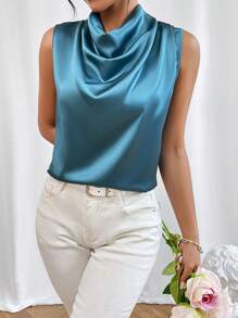 SHEIN Privé Solid Draped Collar Blouse