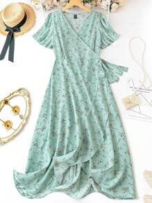 SHEIN Holidaya Plus Ditsy Floral Print Knot Side Wrap Dress - Mint Green - View 1