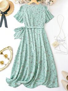SHEIN Holidaya Plus Ditsy Floral Print Knot Side Wrap Dress - Mint Green - View 2