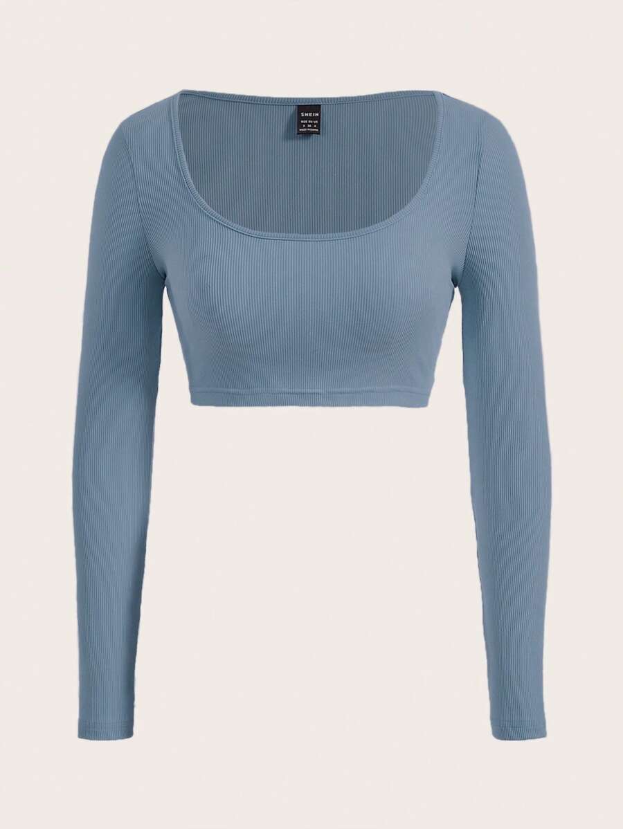 SHEIN BASICS 大圓領條紋針織短款上衣 - 霧霾藍 - 查看 1