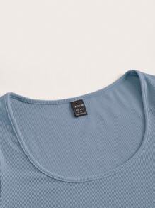 SHEIN BASICS 大圓領條紋針織短款上衣 - 霧霾藍 - 查看 3
