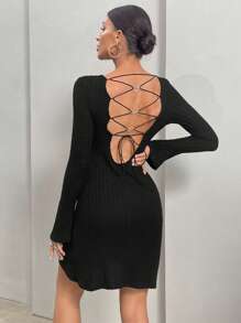 SHEIN Privé Lace Up Backless Ribbed Knit Dress - Black - View 2