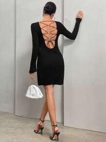 SHEIN Privé Lace Up Backless Ribbed Knit Dress - Black - View 4