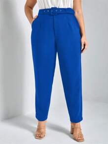 SHEIN Frenchy 大碼素色斜口袋腰帶西裝褲 - 寶藍色 - 查看 1