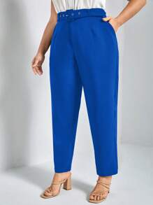 SHEIN Frenchy 大碼素色斜口袋腰帶西裝褲 - 寶藍色 - 查看 2