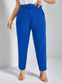 SHEIN Frenchy 大碼素色斜口袋腰帶西裝褲 - 寶藍色 - 查看 3