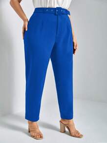 SHEIN Frenchy 大碼素色斜口袋腰帶西裝褲 - 寶藍色 - 查看 5