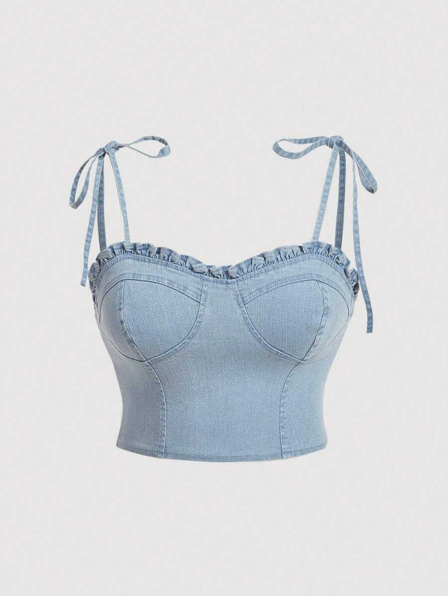 SHEIN MOD 大碼褶邊肩上打結緊身上衣牛仔吊帶上衣