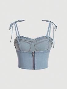 SHEIN MOD 大碼褶邊肩上打結緊身上衣牛仔吊帶上衣