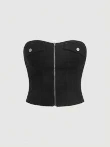 SHEIN MOD Plus Zip Up Tube Denim Top - Black - View 1