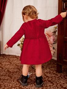 Baby Girl Bow Front Button Front Corduroy Smock Dress & Accessory Hat - Red - View 2