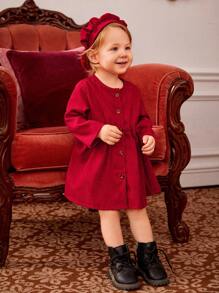 Baby Girl Bow Front Button Front Corduroy Smock Dress & Accessory Hat - Red - View 5