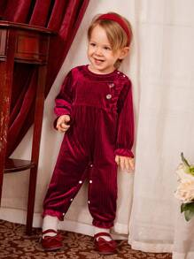 Baby Girl Ruffle Trim Flare Sleeve Velvet Jumpsuit - Burgundy - View 1