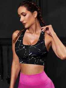 Easithlete 大理石圖案拉鏈開襟運動型胸罩 - 黑色 - 查看 3