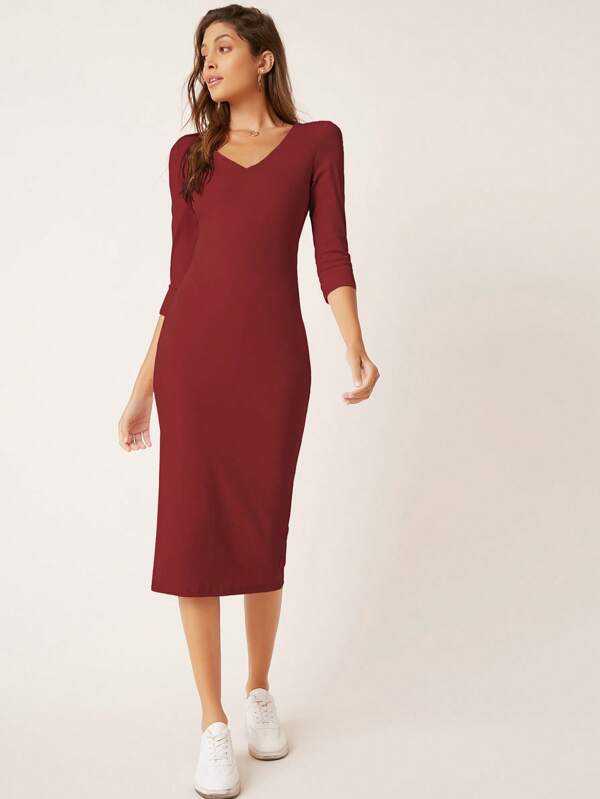 SHEIN BASICS Solid V Neck Bodycon Dress