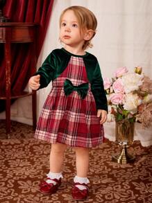 Baby Girl Plaid Print Bow Front 2 In 1 Dress - Multicolor - View 1