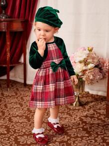 Baby Girl Plaid Print Bow Front 2 In 1 Dress - Multicolor - View 6