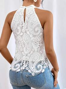 SHEIN Privé 提花蕾絲繞頸襯衫 - 白色 - 查看 6