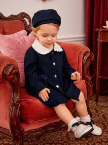 Baby Girl Contrast Collar Bow Front Coat With Accessory Hat - Navy Blue - View 1
