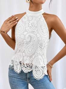 SHEIN Privé 提花蕾絲繞頸襯衫 - 白色 - 查看 5