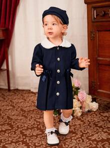 Baby Girl Contrast Collar Bow Front Coat With Accessory Hat - Navy Blue - View 3