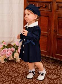 Baby Girl Contrast Collar Bow Front Coat With Accessory Hat - Navy Blue - View 4