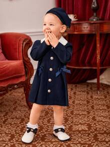 Baby Girl Contrast Collar Bow Front Coat With Accessory Hat - Navy Blue - View 5