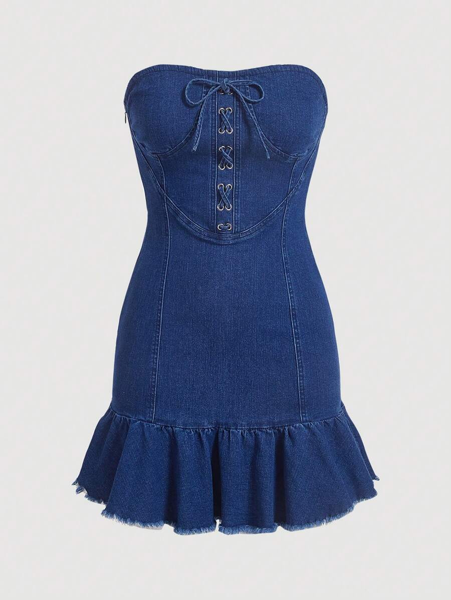 SHEIN MOD Vestido mezclilla tubo con cordón delantero bajo con fruncido - Azul lavado oscuro - Ver 1