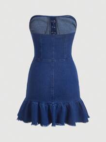 SHEIN MOD Vestido mezclilla tubo con cordón delantero bajo con fruncido - Azul lavado oscuro - Ver 2