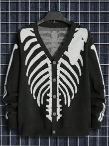 Manfinity RebelGame Loose Men's Halloween Skeleton Print Button-Through Cardigan - Black - View 1