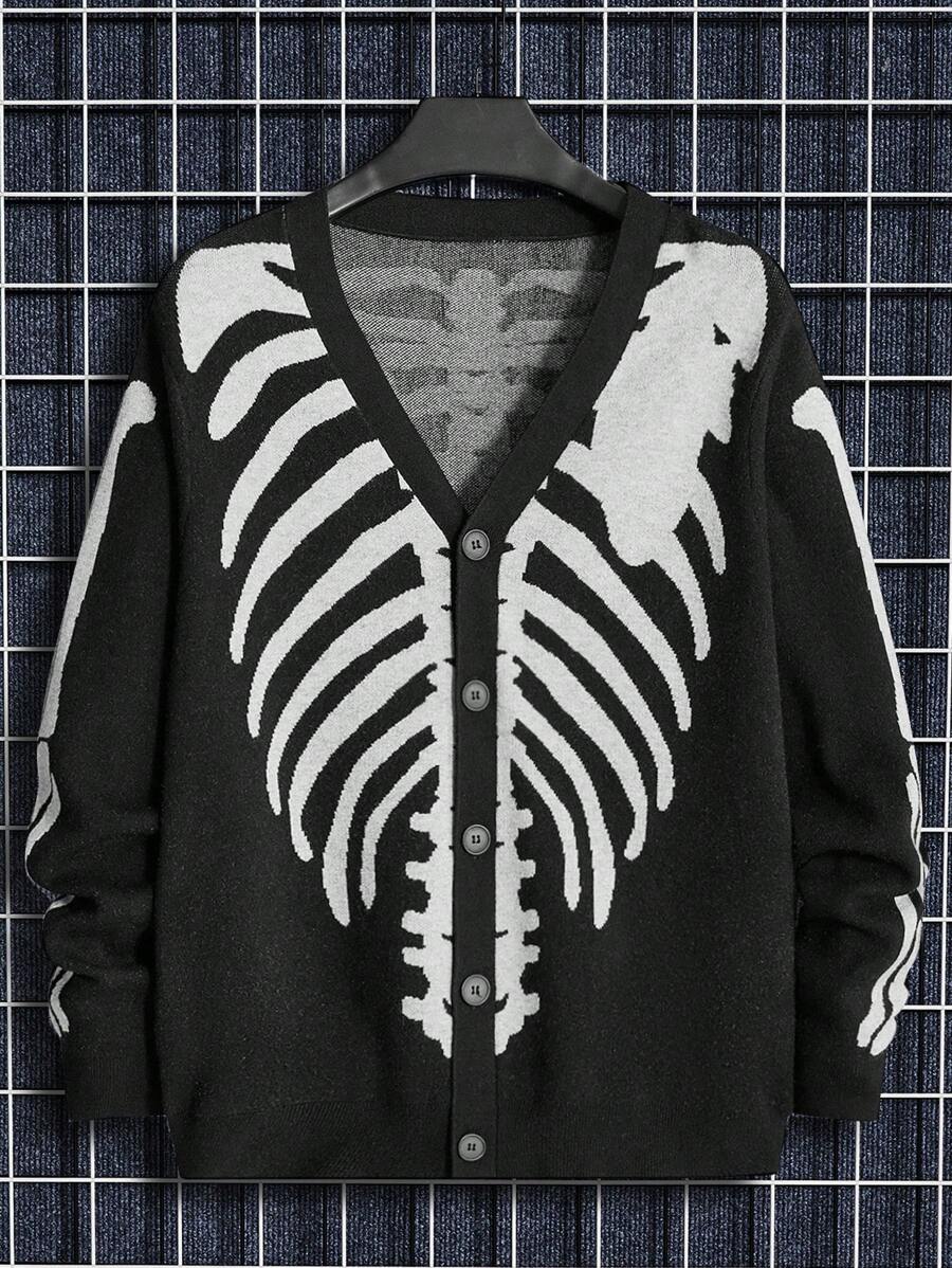 Manfinity RebelGame Loose Men's Halloween Skeleton Print Button-Through Cardigan - Black - View 1