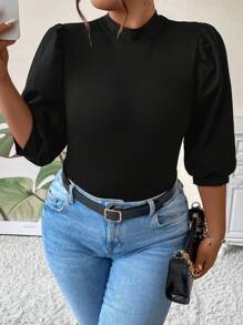SHEIN Clasi Plus Mock Neck Puff Sleeve Top - Black - View 6