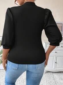 SHEIN Clasi Plus Mock Neck Puff Sleeve Top - Black - View 2
