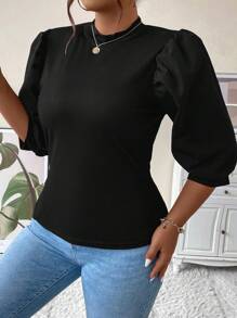 SHEIN Clasi Plus Mock Neck Puff Sleeve Top - Black - View 4